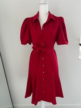 Karl Lagerfeld Red Puff-Sleeve Button-Front Midi Dress with Waist Tie